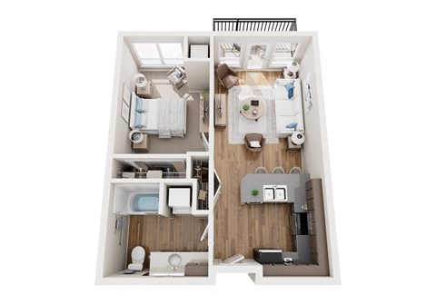 Floor plan for 1 bed, 1 bath, 617 sqft